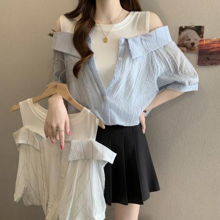 大码女装夏季设计感假两件条纹衬衫女显瘦宽松超好看百搭上衣 服裝批發女裝批發服飾貨源