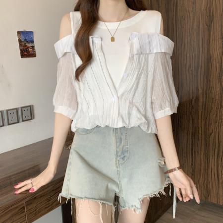 大码女装夏季设计感假两件条纹衬衫女显瘦宽松超好看百搭上衣 服裝批發女裝批發服飾貨源