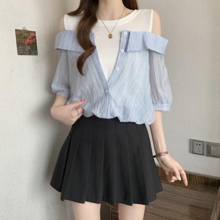 大码女装夏季设计感假两件条纹衬衫女显瘦宽松超好看百搭上衣 服裝批發女裝批發服飾貨源