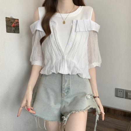 大码女装夏季设计感假两件条纹衬衫女显瘦宽松超好看百搭上衣 服裝批發女裝批發服飾貨源