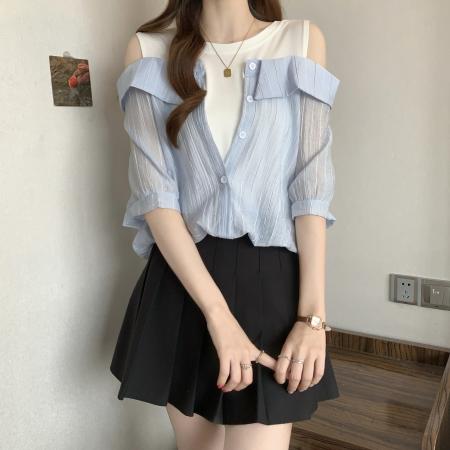 大码女装夏季设计感假两件条纹衬衫女显瘦宽松超好看百搭上衣 服裝批發女裝批發服飾貨源