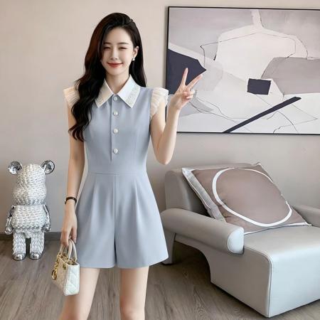 夏日甜美衬衣领短袖连衣裤夏季新款浅蓝色拼接复古连体衣女 服裝批發女裝批發服飾貨源