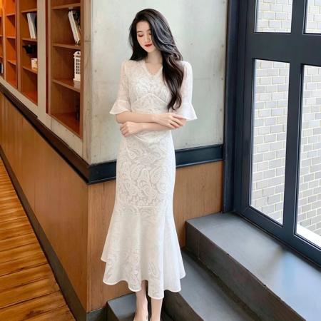 法式休闲优雅收腰显瘦鱼尾裙设计感时尚气质长款连衣裙女新款 服裝批發女裝批發服飾貨源