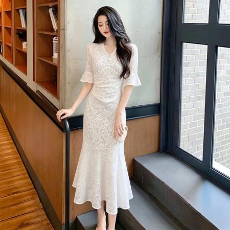 法式休闲优雅收腰显瘦鱼尾裙设计感时尚气质长款连衣裙女新款 服裝批發女裝批發服飾貨源