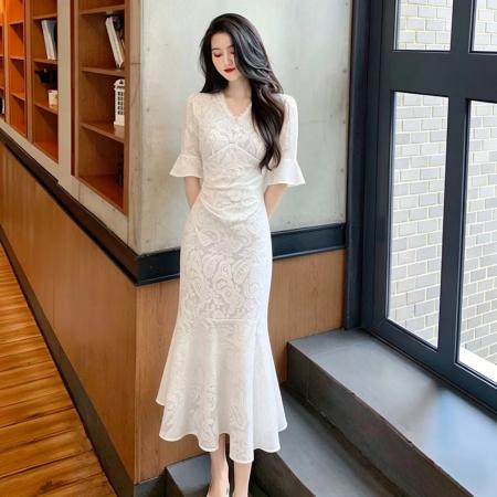 法式休闲优雅收腰显瘦鱼尾裙设计感时尚气质长款连衣裙女新款 服裝批發女裝批發服飾貨源