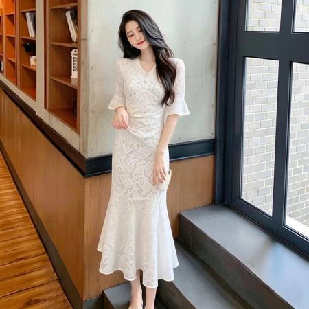 法式休闲优雅收腰显瘦鱼尾裙设计感时尚气质长款连衣裙女新款 服裝批發女裝批發服飾貨源