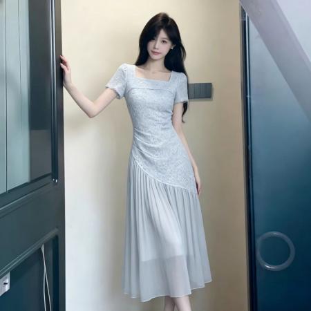 中国风复古旗袍雏菊掐腰连衣裙法式方领口拼接收腰显瘦优雅长裙女 服裝批發女裝批發服飾貨源