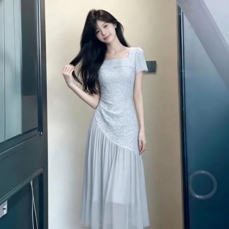 中国风复古旗袍雏菊掐腰连衣裙法式方领口拼接收腰显瘦优雅长裙女 服裝批發女裝批發服飾貨源