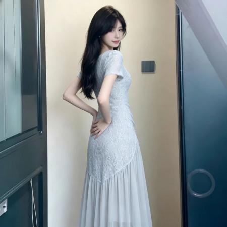 中国风复古旗袍雏菊掐腰连衣裙法式方领口拼接收腰显瘦优雅长裙女 服裝批發女裝批發服飾貨源