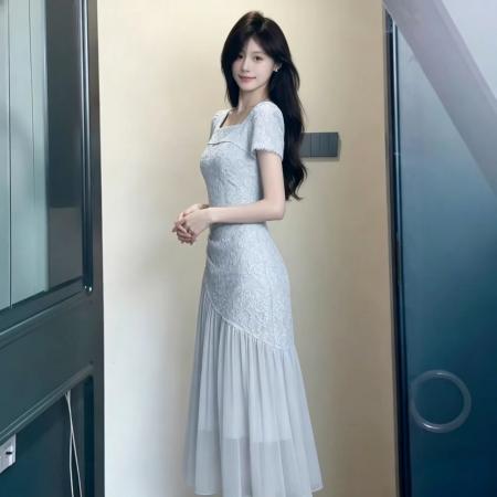 中国风复古旗袍雏菊掐腰连衣裙法式方领口拼接收腰显瘦优雅长裙女 服裝批發女裝批發服飾貨源