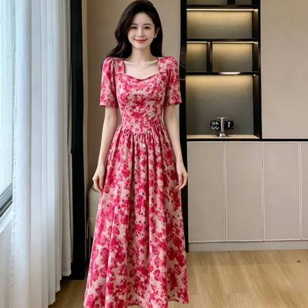 ins风夏季新款法式方领口印花碎花连衣裙女收腰显瘦长款度假裙子 服裝批發女裝批發服飾貨源