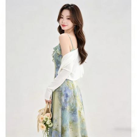 气质百搭设计感印花吊带连衣裙+...