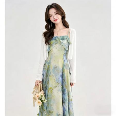 气质百搭设计感印花吊带连衣裙+开衫法式复古慵懒海边度假风套装 服裝批發女裝批發服飾貨源