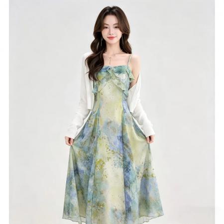 气质百搭设计感印花吊带连衣裙+开衫法式复古慵懒海边度假风套装 服裝批發女裝批發服飾貨源