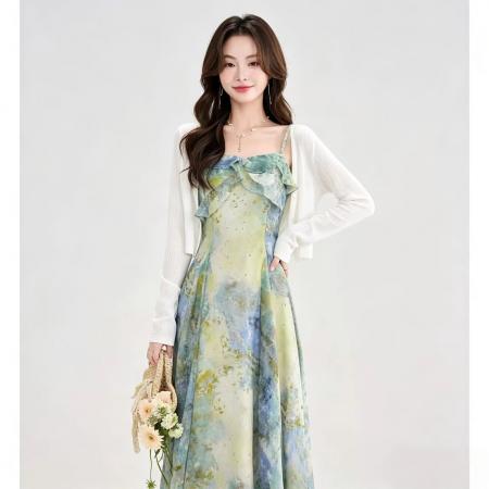 气质百搭设计感印花吊带连衣裙+开衫法式复古慵懒海边度假风套装 服裝批發女裝批發服飾貨源