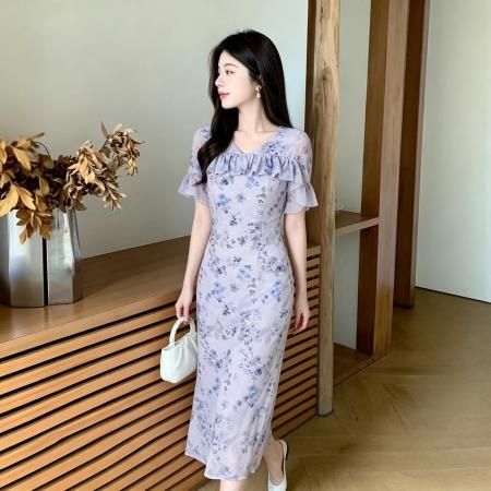 法式V领荷叶边印花碎花连衣裙收腰显瘦度假风裙子夏季新款 服裝批發女裝批發服飾貨源