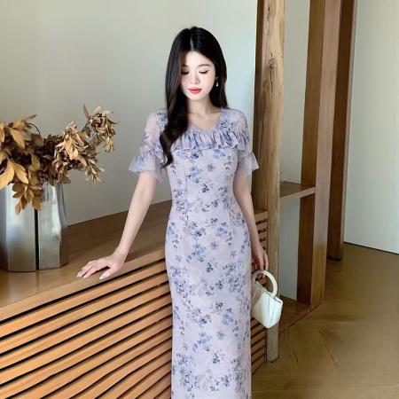 法式V领荷叶边印花碎花连衣裙收腰显瘦度假风裙子夏季新款 服裝批發女裝批發服飾貨源