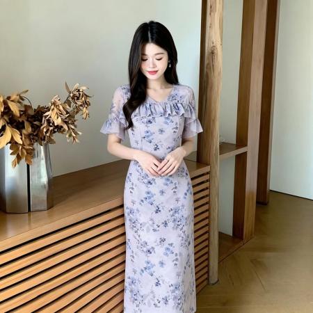 法式V领荷叶边印花碎花连衣裙收腰显瘦度假风裙子夏季新款 服裝批發女裝批發服飾貨源