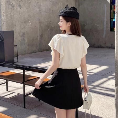 韩系休闲荷叶边衬衣夏季新款高级感洋气别致漂亮小衫甜美套装 服裝批發女裝批發服飾貨源