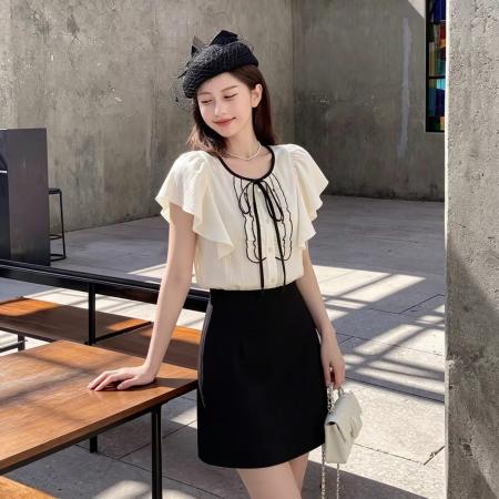 韩系休闲荷叶边衬衣夏季新款高级感洋气别致漂亮小衫甜美套装 服裝批發女裝批發服飾貨源