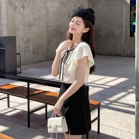 韩系休闲荷叶边衬衣夏季新款高级感洋气别致漂亮小衫甜美套装 服裝批發女裝批發服飾貨源