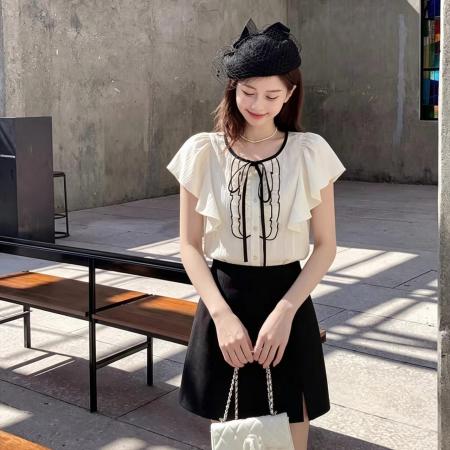 韩系休闲荷叶边衬衣夏季新款高级感洋气别致漂亮小衫甜美套装 服裝批發女裝批發服飾貨源