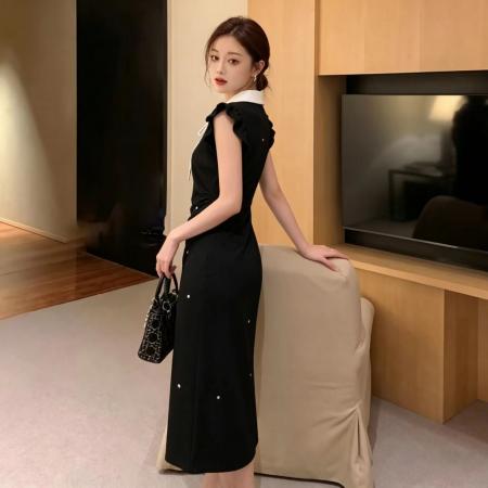 法式娃娃领蝴蝶结绑带设计感撞色拼接短袖连衣裙夏季新款女 服裝批發女裝批發服飾貨源