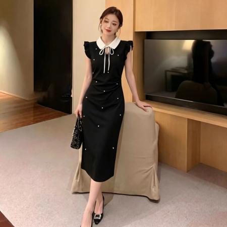 法式娃娃领蝴蝶结绑带设计感撞色拼接短袖连衣裙夏季新款女 服裝批發女裝批發服飾貨源