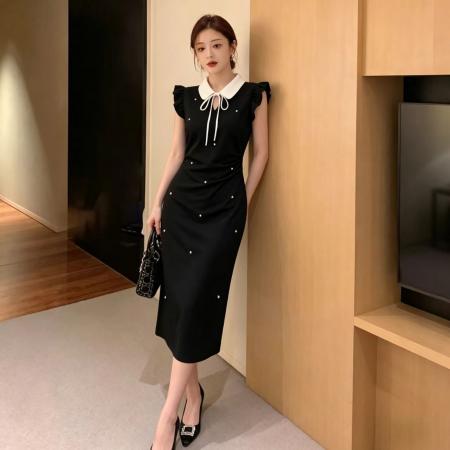 法式娃娃领蝴蝶结绑带设计感撞色拼接短袖连衣裙夏季新款女 服裝批發女裝批發服飾貨源