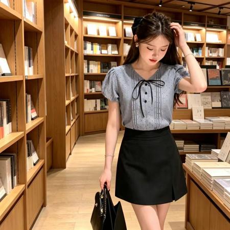 韩系淑女ins风波点上衣+黑色短裙简约小清新甜美套装夏季新款 服裝批發女裝批發服飾貨源