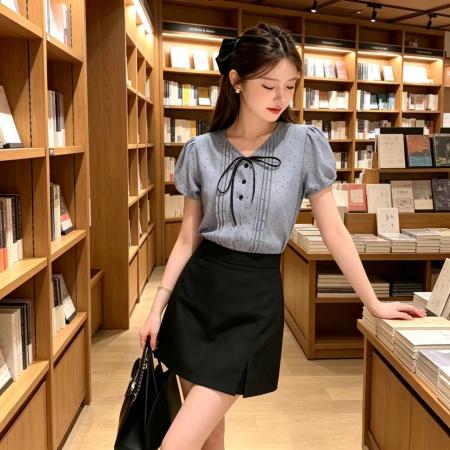 韩系淑女ins风波点上衣+黑色短裙简约小清新甜美套装夏季新款 服裝批發女裝批發服飾貨源