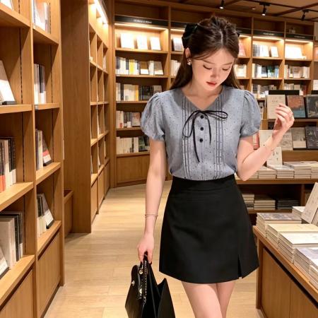 韩系淑女ins风波点上衣+黑色短裙简约小清新甜美套装夏季新款 服裝批發女裝批發服飾貨源