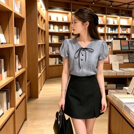 韩系淑女ins风波点上衣+黑色短裙简约小清新甜美套装夏季新款 服裝批發女裝批發服飾貨源