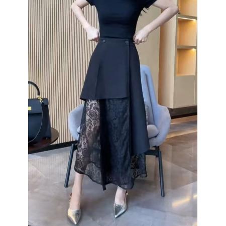 BY17898# 不规则黑色蕾丝拼接a字半身裙女春夏新款裙子气质长裙独特一片裙 服裝批發女裝批發服飾貨源
