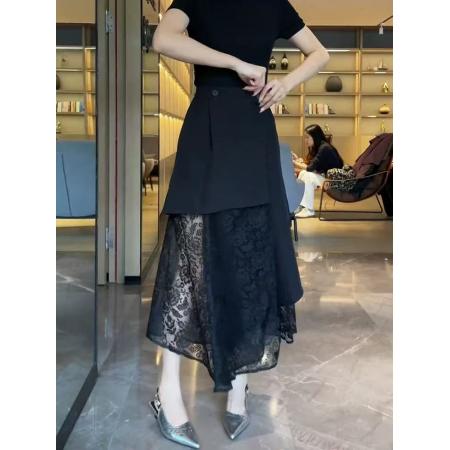 BY17898# 不规则黑色蕾丝拼接a字半身裙女春夏新款裙子气质长裙独特一片裙 服裝批發女裝批發服飾貨源