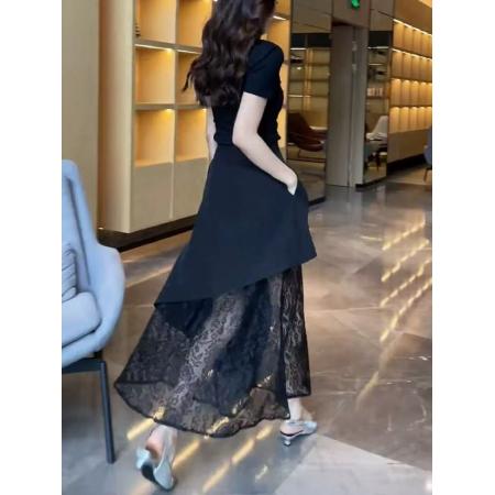 BY17898# 不规则黑色蕾丝拼接a字半身裙女春夏新款裙子气质长裙独特一片裙 服裝批發女裝批發服飾貨源