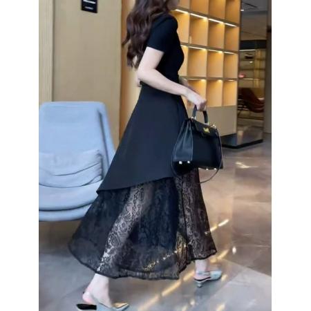 BY17898# 不规则黑色蕾丝拼接a字半身裙女春夏新款裙子气质长裙独特一片裙 服裝批發女裝批發服飾貨源