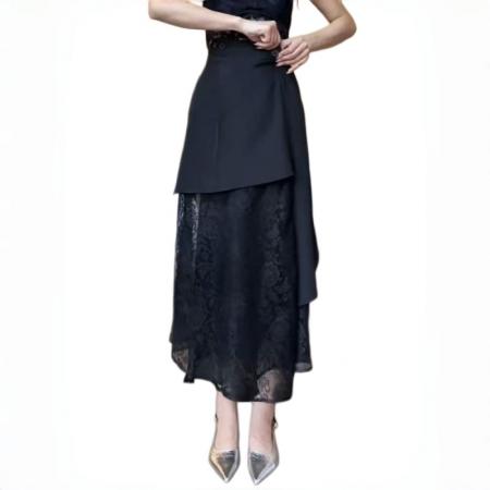 BY17898# 不规则黑色蕾丝拼接a字半身裙女春夏新款裙子气质长裙独特一片裙 服裝批發女裝批發服飾貨源