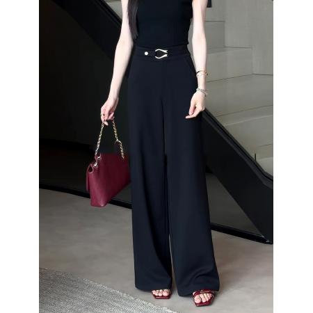 BY17900# 高级感黑色阔腿西装裤女夏薄款新款大码胖mm垂坠感显瘦拖地裤 服裝批發女裝批發服飾貨源