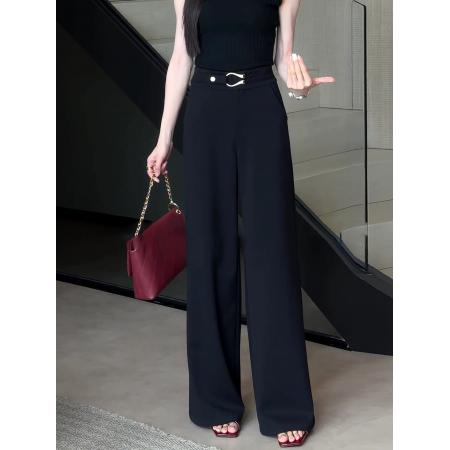 BY17900# 高级感黑色阔腿西装裤女夏薄款新款大码胖mm垂坠感显瘦拖地裤 服裝批發女裝批發服飾貨源