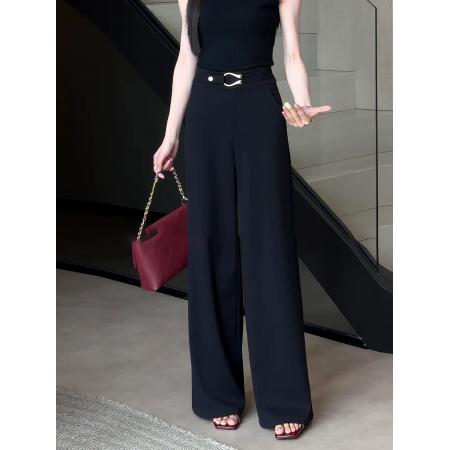 BY17900# 高级感黑色阔腿西装裤女夏薄款新款大码胖mm垂坠感显瘦拖地裤 服裝批發女裝批發服飾貨源