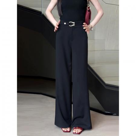 BY17900# 高级感黑色阔腿西装裤女夏薄款新款大码胖mm垂坠感显瘦拖地裤 服裝批發女裝批發服飾貨源