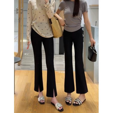 BY17901# 黑色冰丝九分开叉微喇叭裤女新款春夏季垂感薄显瘦休闲西装裤 服裝批發女裝批發服飾貨源