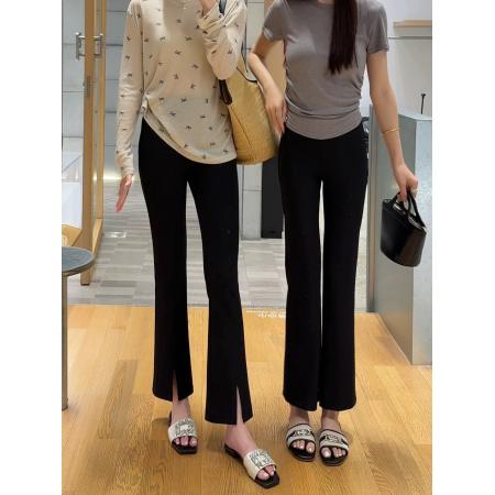 BY17901# 黑色冰丝九分开叉微喇叭裤女新款春夏季垂感薄显瘦休闲西装裤 服裝批發女裝批發服飾貨源