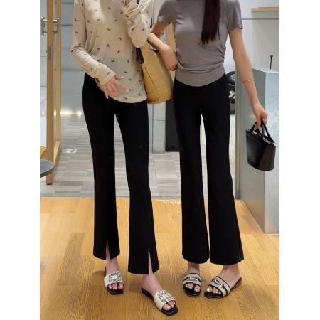 BY17901# 黑色冰丝九分开叉微喇叭裤女新款春夏季垂感薄显瘦休闲西装裤 服裝批發女裝批發服飾貨源
