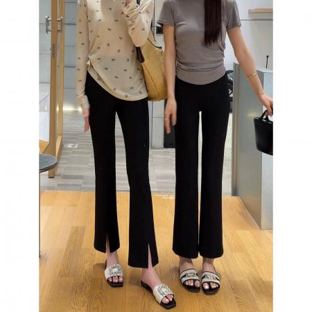 BY17901# 黑色冰丝九分开叉微喇叭裤女新款春夏季垂感薄显瘦休闲西装裤 服裝批發女裝批發服飾貨源
