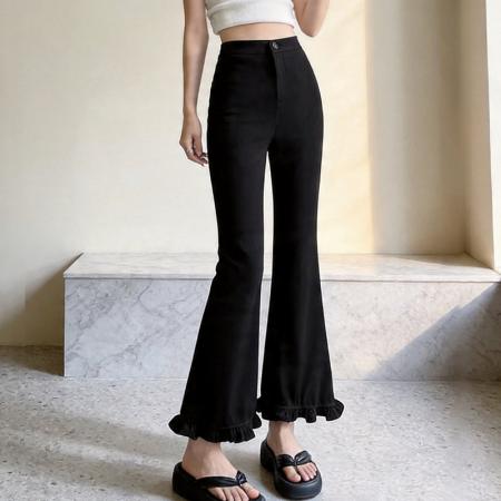 BY17902# 黑色九分微喇裤女夏季新薄款显瘦小个子阔腿裤木耳花边西装裤 服裝批發女裝批發服飾貨源