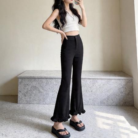 BY17902# 黑色九分微喇裤女夏季新薄款显瘦小个子阔腿裤木耳花边西装裤 服裝批發女裝批發服飾貨源