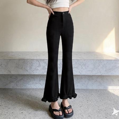 BY17902# 黑色九分微喇裤女夏季新薄款显瘦小个子阔腿裤木耳花边西装裤 服裝批發女裝批發服飾貨源