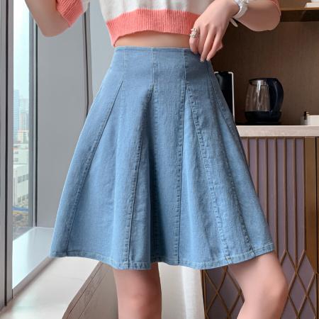 BY17903# 蓝色牛仔半身裙女春夏季新款a字短裙裤百褶女小个子伞裙子 服裝批發女裝批發服飾貨源